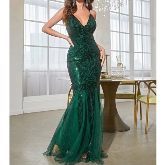 Luxe party bridesmaids evening formal wedding sequin mesh gown dress